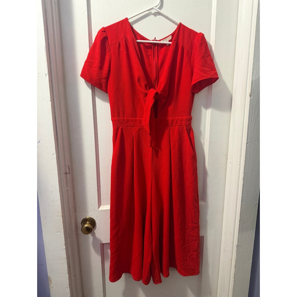 GB Red Short Sleeve Jumpsuit Keyhole Tie Front Wide Leg XS